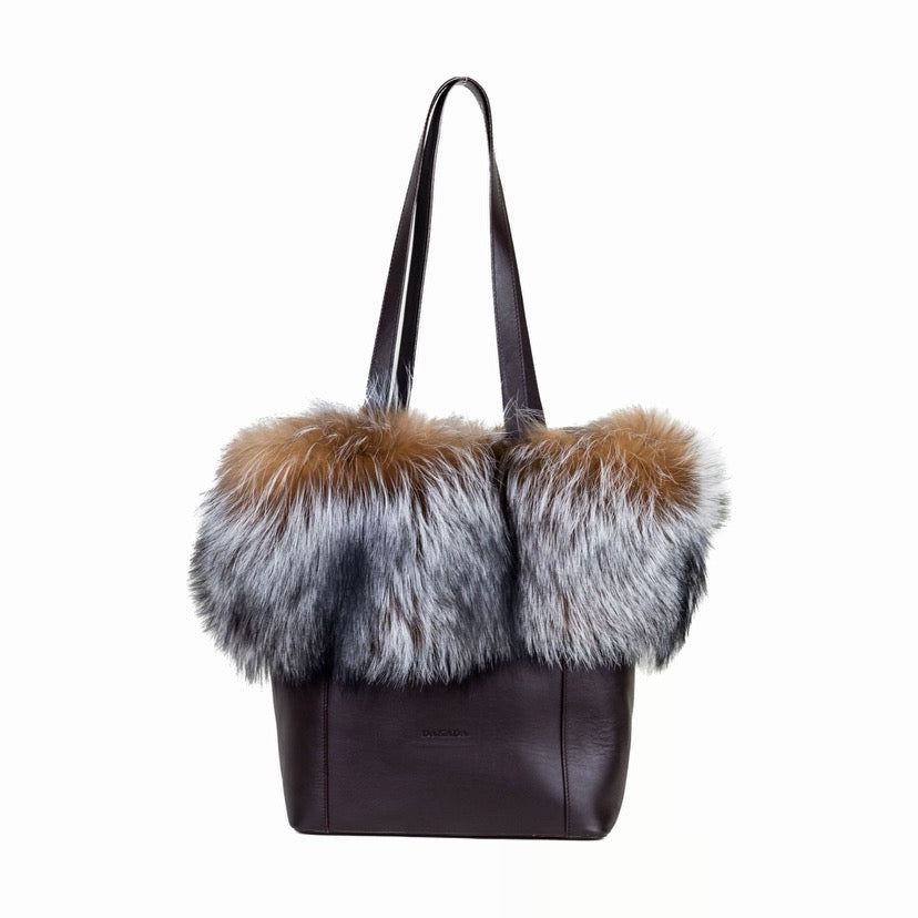 Kaley-Brown Leather Tote w/ Silver Dyed Crystal Fox