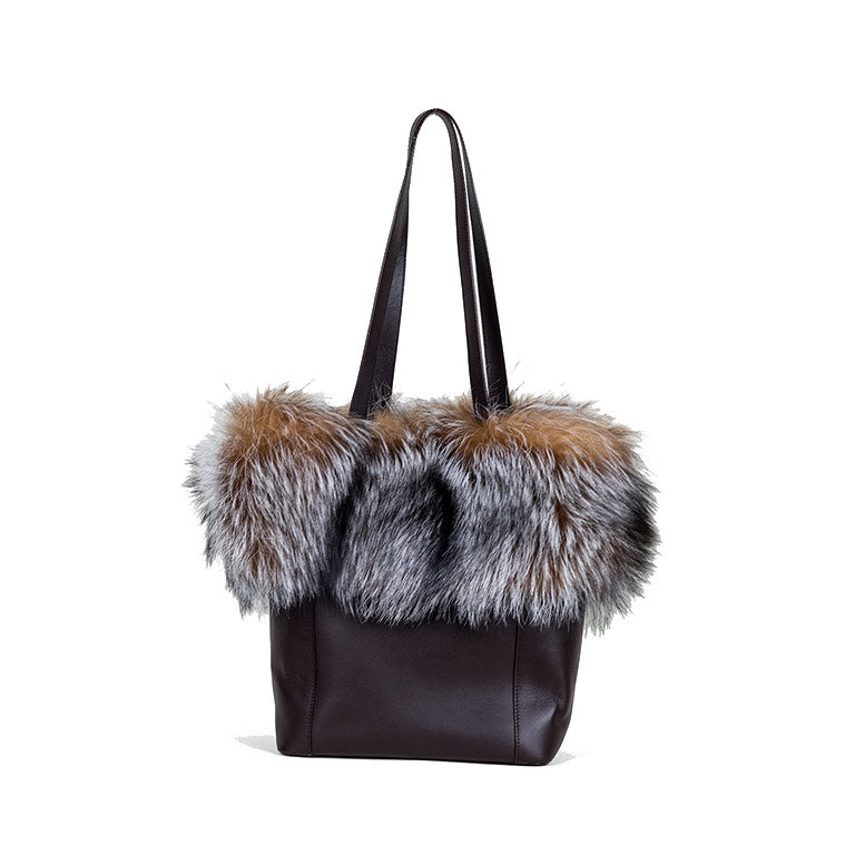 Kaley-Brown Leather Tote w/ Silver Dyed Crystal Fox