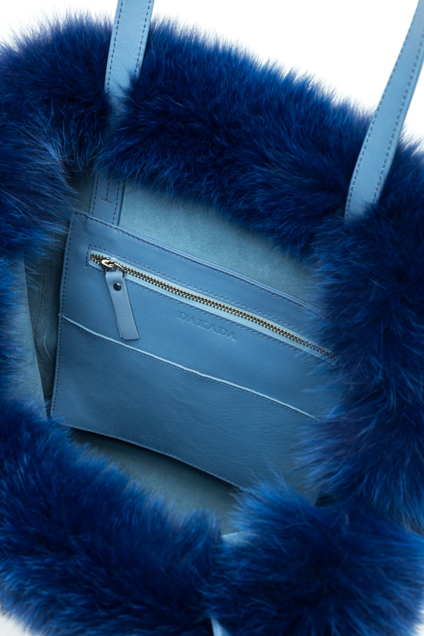 Kaley- Light Blue Leather Tote with Dyed Blue Fox