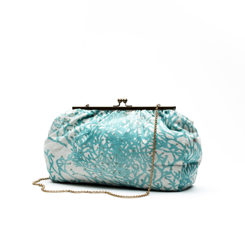 Caitlin- Blue Print Seaweed Rafia Clutch