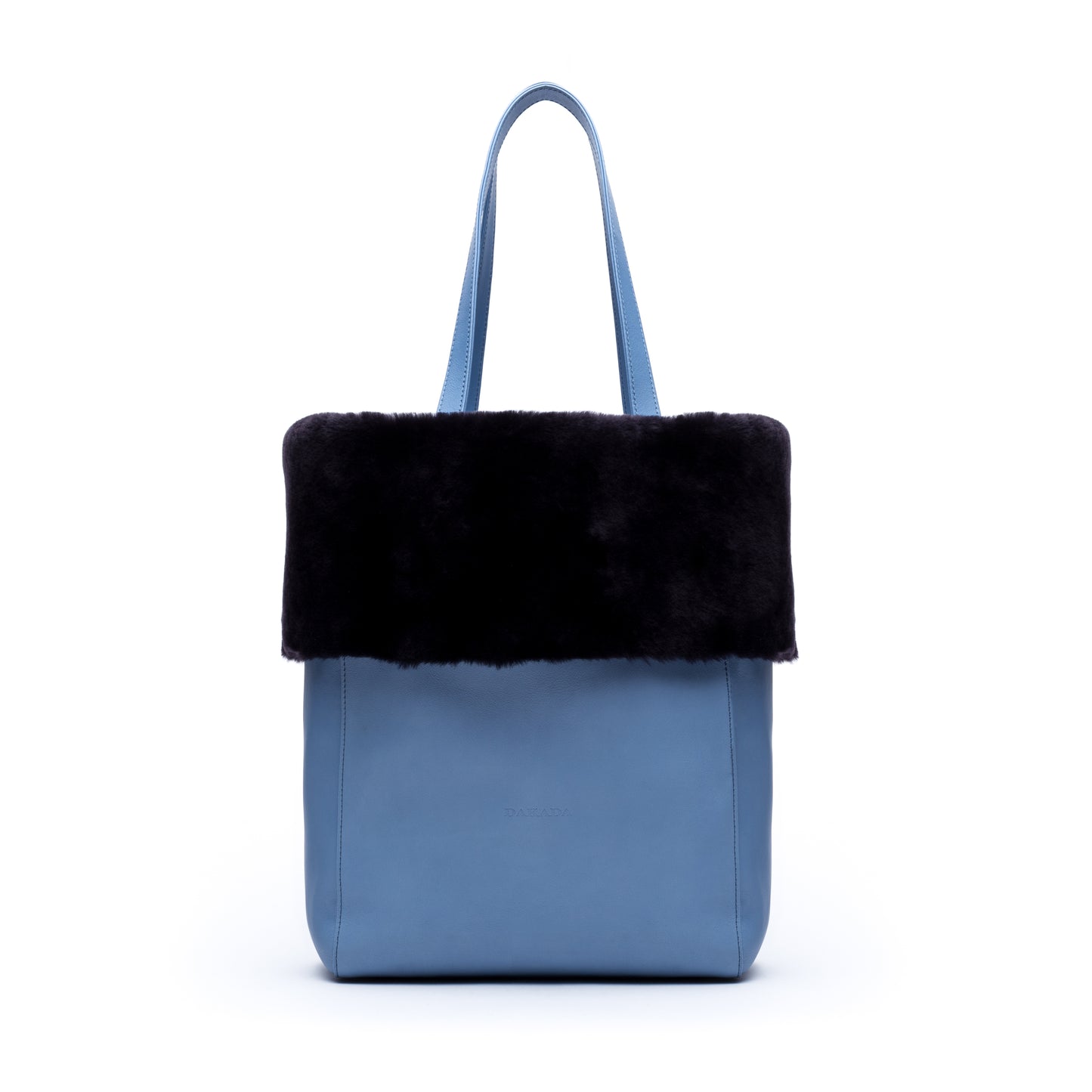 Kaley- Light Blue Leather Tote with Dyed Navy Mouton