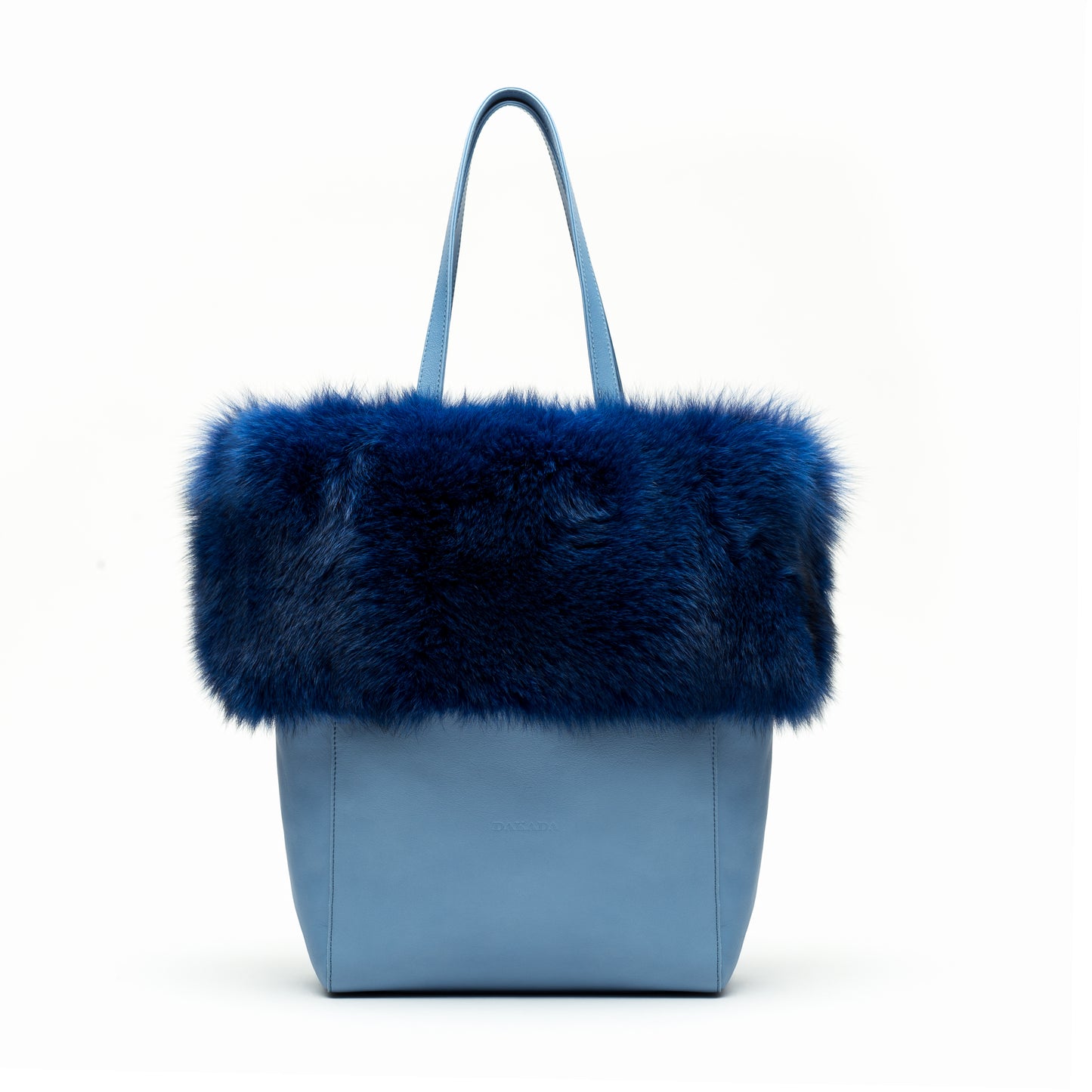 Kaley- Light Blue Leather Tote with Dyed Blue Fox