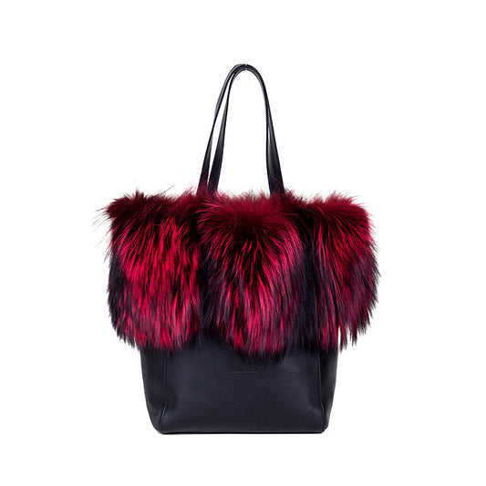 Kaley-Black Leather Tote w/ Red Silver Fox