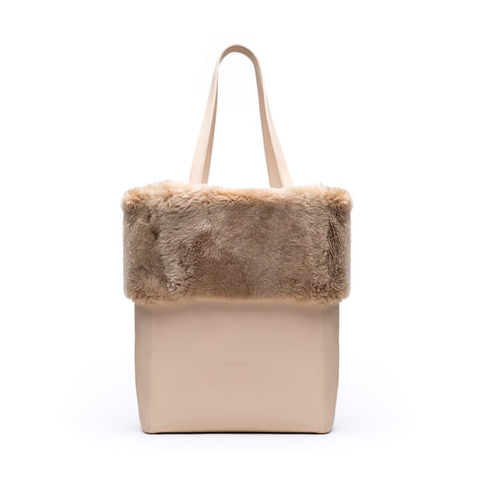 Kaley- Cream Leather Tote with Sheared Beaver