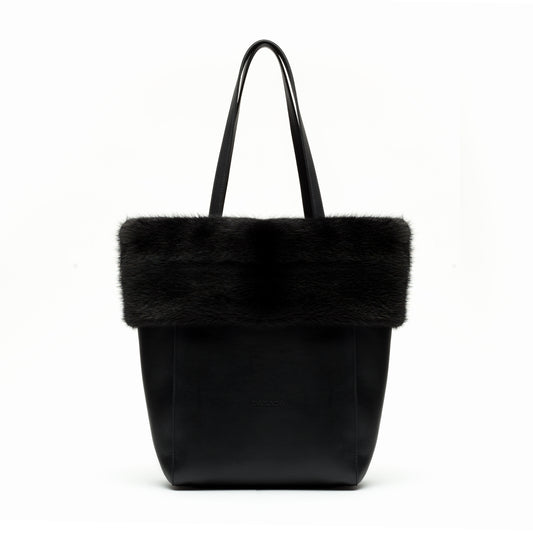 Kaley- Black Leather Tote with Ranch Mink