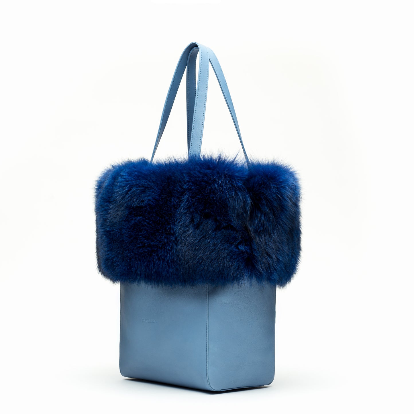 Kaley- Light Blue Leather Tote with Dyed Blue Fox