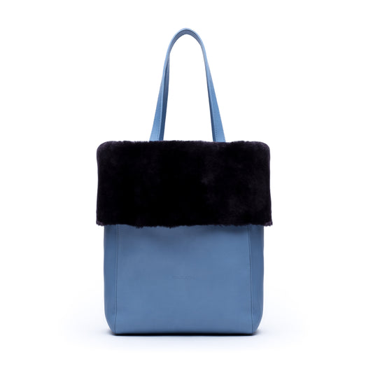 Kaley- Light Blue Leather Tote with Navy Mouton