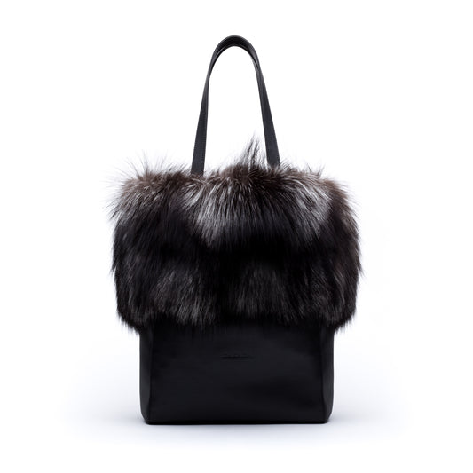 Kaley- Black Leather Tote with Silver Fox
