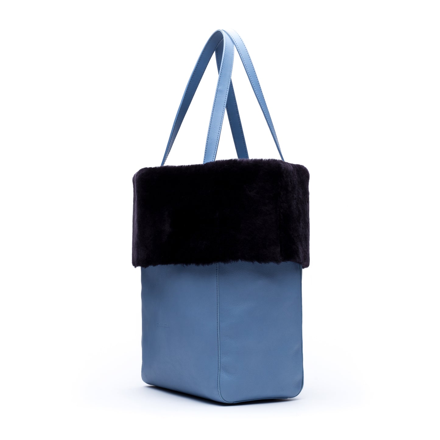 Kaley- Light Blue Leather Tote with Dyed Navy Mouton